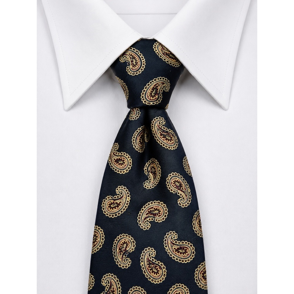 Mens Navy Blue Paisley Silk Necktie Gold Burgundy Formal Wedding Business Tie